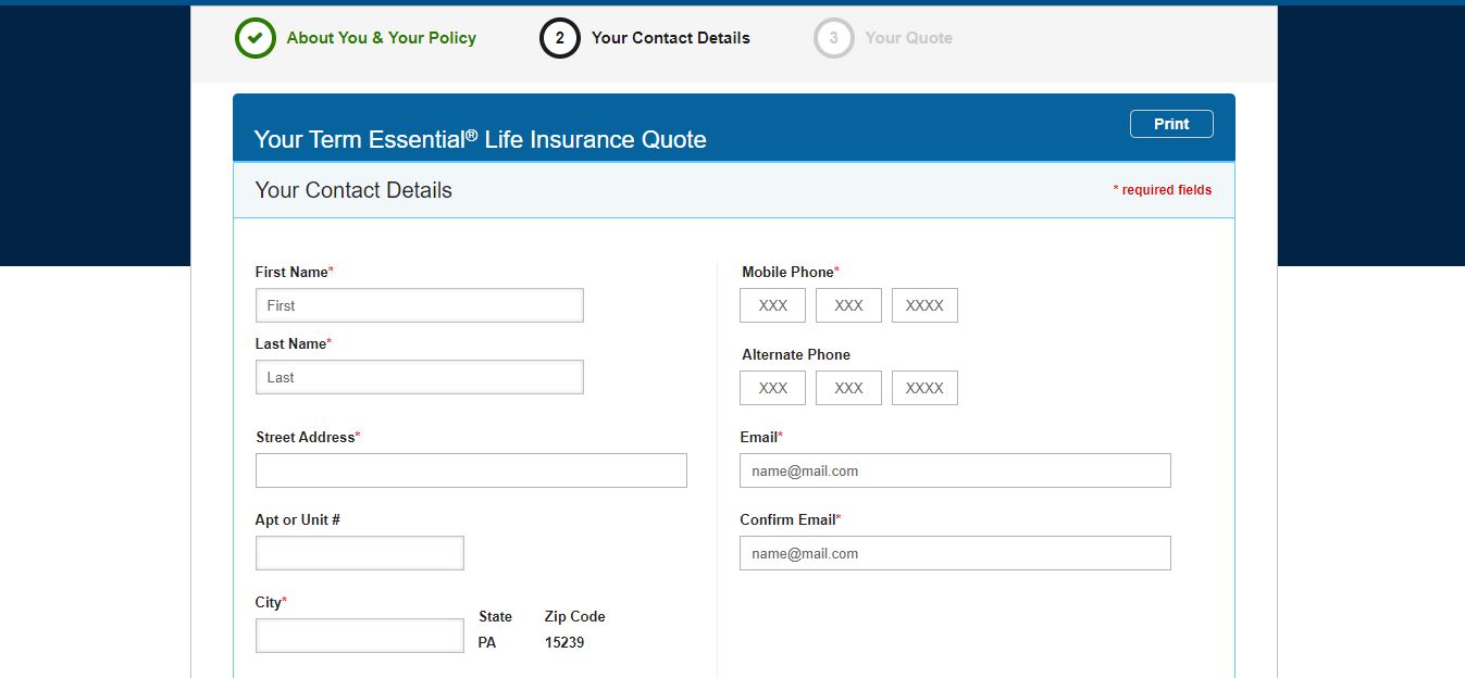 Prudential website enter your contact information screen.