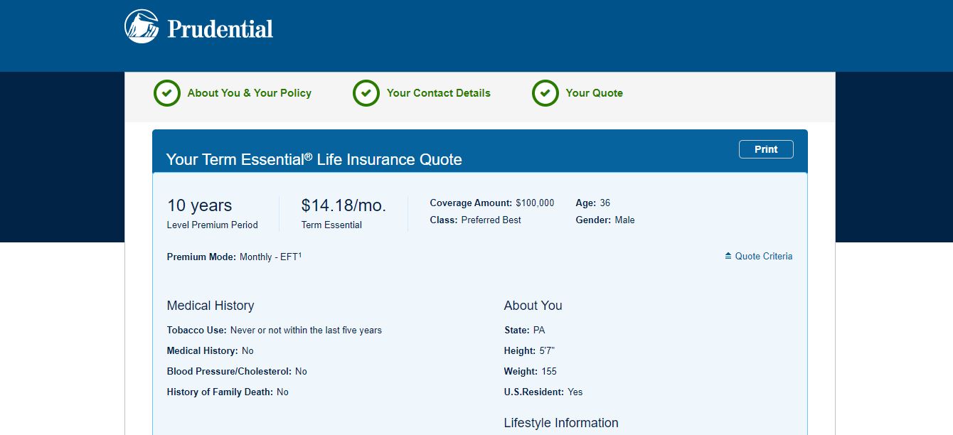 Prudential website instant quote results.