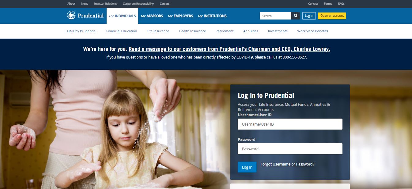 Prudential website desktop homepage.