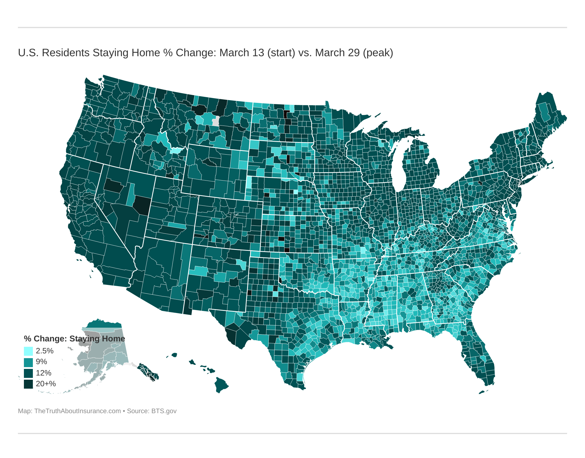 U.S. Residents Staying Home % Change: March 13 (start) vs. March 29 (peak)